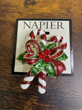 Napier Red, White & Green Candy Cane Bow Brooch
